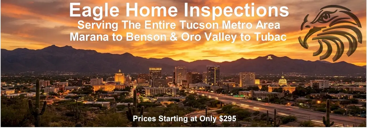 Sunset Tucson skyline banner for Eagle Home Inspections with an eagle logo; serves the Tucson metro area; prices start at $295.